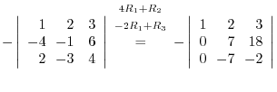 $\displaystyle - \left\vert\begin{array}{rrr}
1&\!\!2&3\\
-4&\!\!-1&6\\
2&\!\!...
...{rrr}
1&\!\!2&\!\!3\\
0&\!\!7&\!\!18\\
0&\!\!-7&\!\!-2
\end{array}\right\vert$