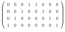$\displaystyle \left(\begin{array}{rrrrrrrr}
0&0&0&1&1&0&0&0\\
0&0&1&0&0&1&0&0\\
0&1&0&0&0&0&1&0\\
1&0&0&0&0&0&0&1
\end{array}\right)$