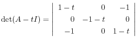 $\displaystyle \det(A - tI) = \left\vert\begin{array}{rrr}
1-t&0&-1\\
0&-1-t&0\\
-1&0&1-t
\end{array}\right\vert$