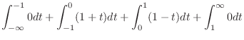 $\displaystyle \int_{-\infty}^{-1} 0dt + \int_{-1}^{0} (1 + t)dt + \int_{0}^{1} (1-t)dt + \int_{1}^{\infty} 0 dt$