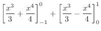 $\displaystyle \left[\frac{x^3}{3} + \frac{x^4}{4}\right]_{-1}^{0} + \left[\frac{x^3}{3} - \frac{x^4}{4}\right]_{0}^{1}$