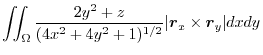 $\displaystyle \iint_{\Omega}\frac{2y^2 + z}{(4x^2 + 4y^2 + 1)^{1/2}}\vert\boldsymbol{r}_{x} \times \boldsymbol{r}_{y}\vert dx dy$