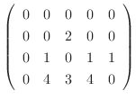 $\displaystyle \left(\begin{array}{rrrrr}
0&0&0&0&0\\
0&0&2&0&0\\
0&1&0&1&1\\
0&4&3&4&0
\end{array}\right)$