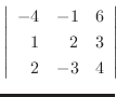 $\displaystyle \left\vert\begin{array}{rrr}
-4&-1&6\\
1&2&3\\
2&-3&4
\end{array}\right\vert \!\!$