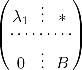 $\displaystyle \left(\begin{array}{ccc}
\lambda_{1}&\vdots &*\\
\cdots&\cdots&\cdots\\
0&\vdots& B
\end{array}\right)$