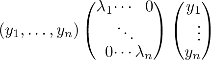 $\displaystyle (y_{1},\ldots,y_{n})\left(\begin{array}{rrr}
\lambda_{1}&\cdots&0...
...array}\right)\left(\begin{array}{r}
y_{1}\\
\vdots\\
y_{n}
\end{array}\right)$
