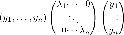 $\displaystyle (\bar{y_{1}},\ldots,\bar{y_{n}})\left(\begin{array}{rrr}
\lambda_...
...array}\right)\left(\begin{array}{r}
y_{1}\\
\vdots\\
y_{n}
\end{array}\right)$