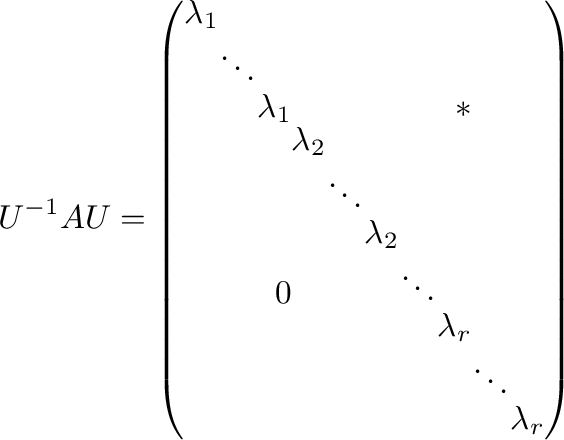 $\displaystyle U^{-1}AU = \left(\begin{array}{rrrrrrrrrr}
\lambda_{1}&&&&&&&&&\\...
...&&&\lambda_{r}&&\\
&&&&&&&&\ddots&\\
&&&&&&&&&\lambda_{r}
\end{array}\right)
$