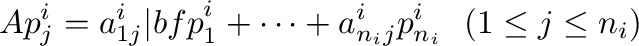 $\displaystyle A{\bf p}_{j}^{i} = a_{1j}^{i}{\vert bf p}_{1}^{i} + \cdots + a_{n_{i}j}^{i}{\bf p}_{n_{i}}^{i} \ \ (1 \leq j \leq n_{i}) $