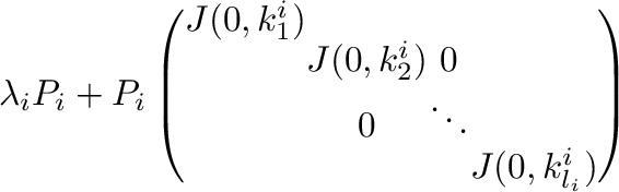 $\displaystyle \lambda_{i}P_{i} + P_{i}\left(\begin{array}{cccc}
J(0,k_{1}^{i}) ...
..._{2}^{i}) & 0&\\
& 0 & \ddots &\\
& & & J(0,k_{l_{i}}^{i})
\end{array}\right)$