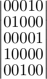 $\displaystyle \left\vert\begin{array}{rrrrr}
0&0&0&1&0\\
0&1&0&0&0\\
0&0&0&0&1\\
1&0&0&0&0\\
0&0&1&0&0
\end{array}\right\vert$