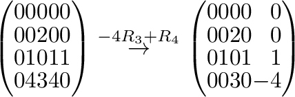 $\displaystyle \left(\begin{array}{rrrrr}
0&0&0&0&0\\
0&0&2&0&0\\
0&1&0&1&1\\ ...
...ay}{rrrrr}
0&0&0&0&0\\
0&0&2&0&0\\
0&1&0&1&1\\
0&0&3&0&-4
\end{array}\right)$