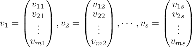 $\displaystyle {\bf v}_{1} = \left(\begin{array}{c}
v_{11}\\
v_{21}\\
\vdots\\...
...\left(\begin{array}{c}
v_{1s}\\
v_{2s}\\
\vdots\\
v_{ms}
\end{array}\right) $