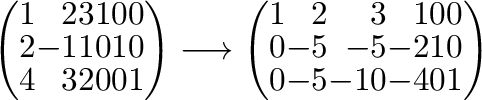 $\displaystyle \left(\begin{array}{rrrrrr}
1&2&3&1&0&0\\
2&-1&1&0&1&0\\
4&3&2&...
...y}{rrrrrr}
1&2&3&1&0&0\\
0&-5&-5&-2&1&0\\
0&-5&-10&-4&0&1
\end{array}\right )$