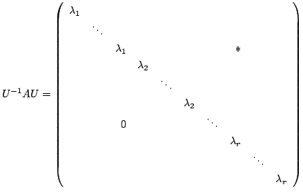$\displaystyle U^{-1}AU = \left(\begin{array}{rrrrrrrrrr}
\lambda_{1}&&&&&&&&&\\...
...&&&\lambda_{r}&&\\
&&&&&&&&\ddots&\\
&&&&&&&&&\lambda_{r}
\end{array}\right)
$