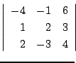 $\displaystyle \left\vert\begin{array}{rrr}
-4&-1&6\\
1&2&3\\
2&-3&4
\end{array}\right\vert \!\!$
