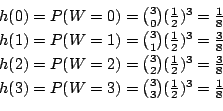 \begin{displaymath}\begin{array}{l}
h(0) = P(W = 0) = {3 \choose 0}(\frac{1}{2})...
...) = {3 \choose 3}(\frac{1}{2})^{3} = \frac{1}{8}\\
\end{array}\end{displaymath}