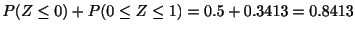 $\displaystyle P(Z \leq 0) + P(0 \leq Z \leq 1) = 0.5 + 0.3413 = 0.8413$