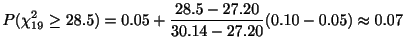 $\displaystyle P(\chi_{19}^{2} \geq 28.5) = 0.05 + \frac{28.5-27.20}{30.14 - 27.20}(0.10 - 0.05) \approx 0.07$