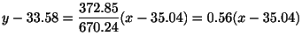 $\displaystyle y - 33.58 = \frac{372.85}{670.24}(x - 35.04) = 0.56(x - 35.04) $