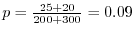 $p = \frac{25+20}{200+300} = 0.09$
