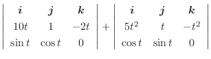 $\displaystyle \left\vert\begin{array}{ccc}
\boldsymbol{i} & \boldsymbol{j} & \b...
...oldsymbol{k}\\
5t^2 & t & -t^2\\
\cos{t} & \sin{t} & 0
\end{array}\right\vert$