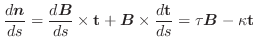 $\displaystyle \frac{d \boldsymbol{n}}{ds} = \frac{d \boldsymbol{B}}{ds} \times ...
...ldsymbol{B} \times \frac{d {\bf t}}{ds} = \tau \boldsymbol{B} - \kappa {\bf t} $