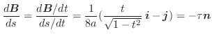 $\displaystyle \frac{d \boldsymbol{B}}{ds} = \frac{d \boldsymbol{B}/dt}{ds/dt} =...
...frac{t}{\sqrt{1- t^2}}\:\boldsymbol{i} -\boldsymbol{j}) = - \tau \boldsymbol{n}$