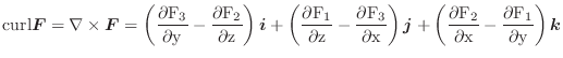 $\displaystyle \rm {curl} \boldsymbol{F} = \nabla \times \boldsymbol{F} = \left(...
...al F_{2}}{\partial x} - \frac{\partial F_{1}}{\partial y}\right)\boldsymbol{k} $