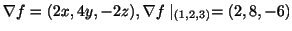 $\displaystyle \nabla f = (2x, 4y, -2z), \nabla f \mid_{(1,2,3)} = (2,8,-6)$