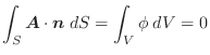 $\displaystyle \int_{S}\boldsymbol{A} \cdot\boldsymbol{n}\;dS = \int_{V}\phi \;dV = 0$