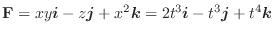 ${\mathbf F} = xy\boldsymbol{i} - z\boldsymbol{j} + x^2 \boldsymbol{k} = 2t^3\boldsymbol{i} - t^3\boldsymbol{j} + t^4\boldsymbol{k}$