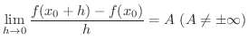 $\displaystyle \lim_{h \rightarrow 0} \frac{f(x_{0}+h) - f(x_{0})}{h} = A \ (A \neq \pm \infty) $