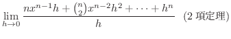 $\displaystyle \lim_{h \rightarrow 0}\frac{nx^{n-1}h + \binom{n}{2}x^{n-2}h^2 + \cdots + h^n}{h} \ \ (2藝)$