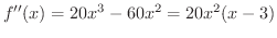 $\displaystyle f^{\prime\prime}(x) = 20x^3 -60 x^2 = 20x^2 (x - 3) $