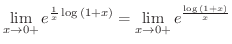 $\displaystyle \lim_{x \rightarrow 0+}e^{\frac{1}{x} \log{(1 + x)}} = \lim_{x \rightarrow 0+}e^{\frac{\log{(1+x)}}{x}}$