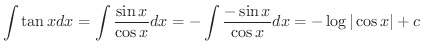 $\displaystyle \int \tan{x} dx = \int \frac{\sin{x}}{\cos{x}} dx = - \int \frac{-\sin{x}}{\cos{x}}dx = - \log{\vert\cos{x}\vert} + c $