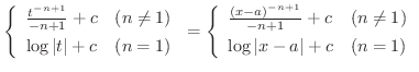 $\displaystyle \left\{\begin{array}{ll}
\frac{t^{-n+1}}{-n + 1} + c & (n \neq 1)...
...1} + c & (n \neq 1)\\
\log{\vert x - a\vert} + c & ( n = 1)
\end{array}\right.$