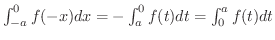$\int_{-a}^{0}f(-x)dx = -\int_{a}^{0}f(t)dt = \int_{0}^{a}f(t) dt$