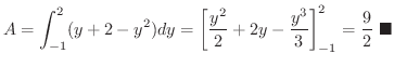$\displaystyle A = \int_{-1}^{2}(y + 2 - y^2)dy = \left[\frac{y^2}{2} + 2y - \frac{y^3}{3} \right]_{-1}^{2} = \frac{9}{2}
\ensuremath{\ \blacksquare}
$