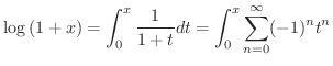 $\displaystyle \log{(1+x)} = \int_{0}^{x}\frac{1}{1+t} dt = \int_{0}^{x}\sum_{n=0}^{\infty} (-1)^{n} t^{n} $