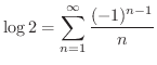 $\displaystyle \log{2} = \sum_{n=1}^{\infty} \frac{(-1)^{n-1}}{n} $