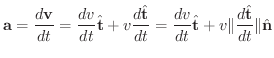 $\displaystyle {\bf a} = \frac{d{\bf v}}{dt} = \frac{dv}{dt}\hat{\bf t} + v\frac...
...{dt} = \frac{dv}{dt}\hat{\bf t} + v\Vert\frac{d\hat{\bf t}}{dt}\Vert\hat{\bf n}$