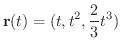 $\displaystyle{{\bf r}(t) = (t,t^2,\frac{2}{3}t^3)}$
