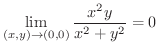 $\displaystyle \lim_{(x,y) \rightarrow (0,0)}\frac{x^{2}y}{x^2 + y^2} = 0$