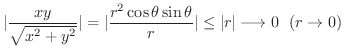$\displaystyle \vert\frac{xy}{\sqrt{x^2+y^2}}\vert = \vert\frac{r^2\cos{\theta}\sin{\theta}}{r}\vert \leq \vert r\vert \longrightarrow 0 \ \ (r \rightarrow 0)$