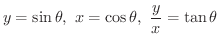 $\displaystyle y = \sin{\theta}, \ x = \cos{\theta}, \ \frac{y}{x} = \tan{\theta} $