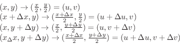 \begin{displaymath}\begin{array}{l}
(x,y) \to (\frac{x}{2},\frac{y}{2}) = (u,v)\...
...c{y + \Delta y}{2}) = (u + \Delta u, v + \Delta v)
\end{array} \end{displaymath}