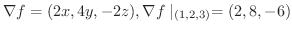 $\displaystyle \nabla f = (2x, 4y, -2z), \nabla f \mid_{(1,2,3)} = (2,8,-6)$