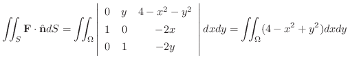 $\displaystyle \iint_{S}{\bf F}\cdot \hat{\bf n}dS = \iint_{\Omega}\left\vert\be...
... 1 & -2y
\end{array} \right\vert dx dy = \iint_{\Omega}(4 - x^ 2 + y^2) dx dy $